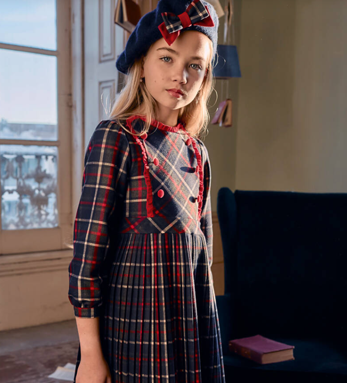 PATACHOU Girls Navy Blue & Red Tartan Dress with Velvet Trims