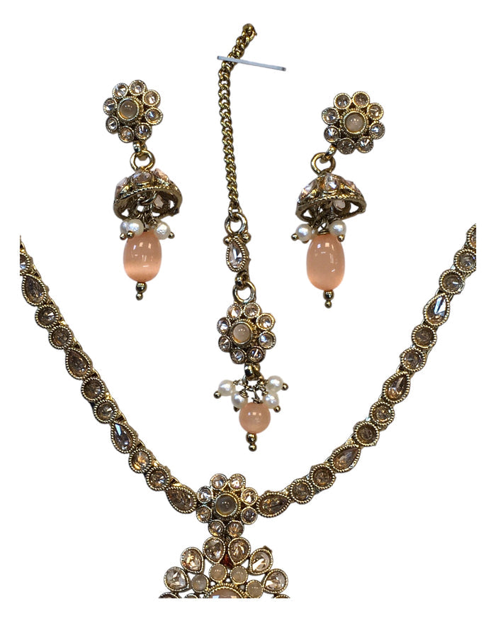 Peach - Small Size Antique Gold Finish Necklace Set with Earrings & Head Piece /Tika- SLV79 11A24