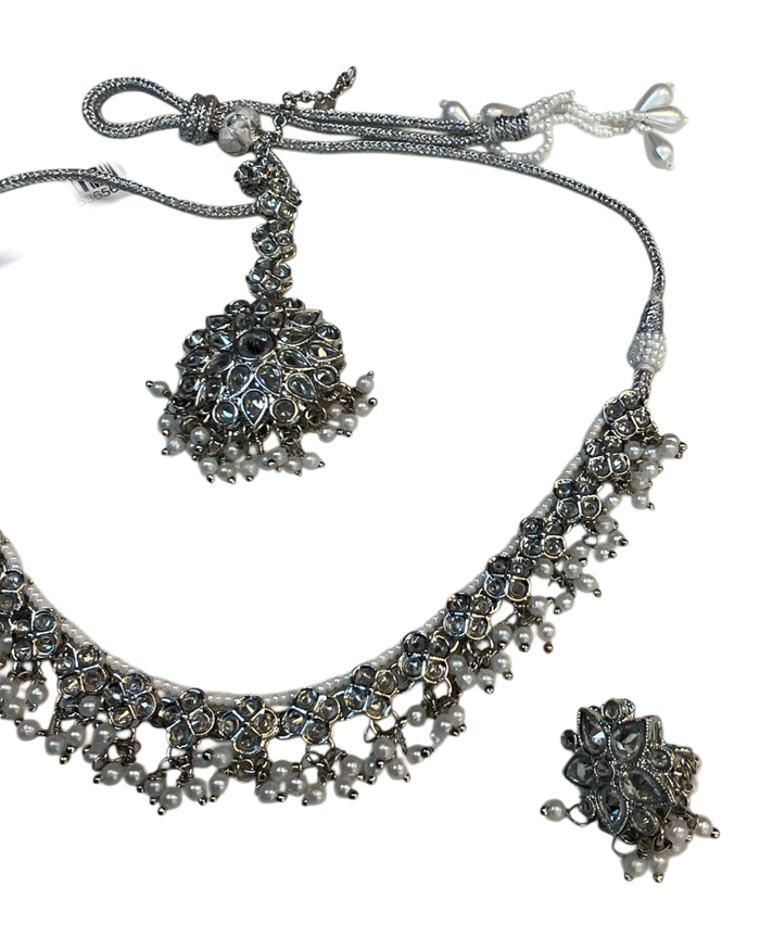 Pearl - Medium Size Silver Finish Necklace Set with Earrings & Head Piece - RAK436 04A26