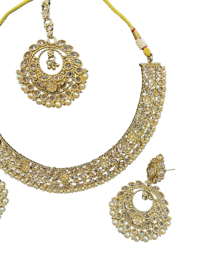Pearl / Neutral - Medium Size Antique Gold Finish Necklace Set with Earrings - SJ07 08KY25