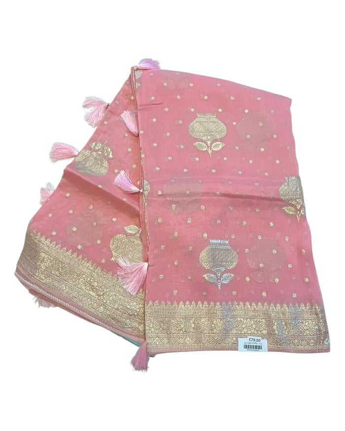 Pink - Handloom - Chiffon Banarasi Saree with Blouse Piece - JOH1606 10TK25