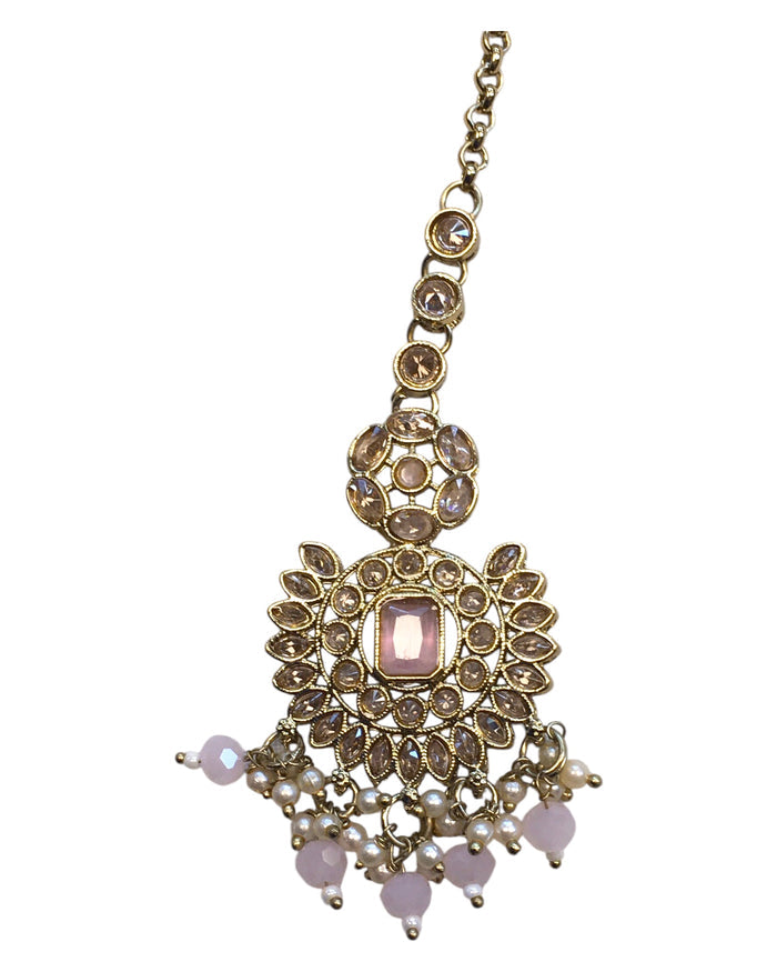 Pink - Large - Antique Gold Finish Traditional Tika Head piece - Bollywood - Weddings - PRI1773 11V24