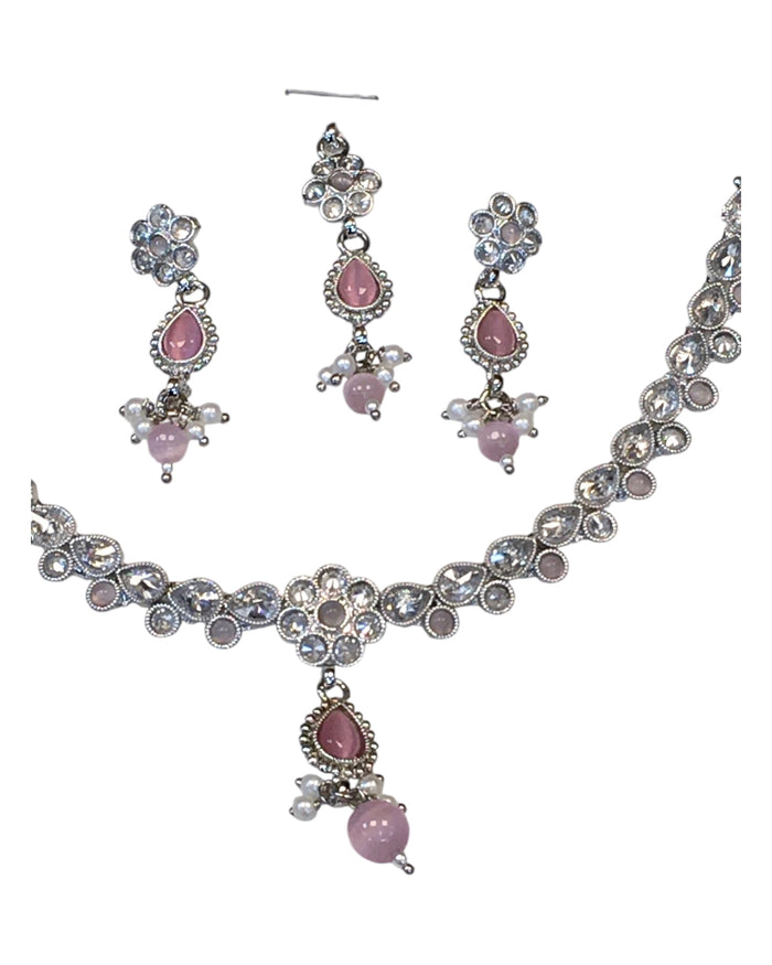 Pink - Small Size Silver Finish Necklace Set with Earrings & Head Piece /Tika- SLV78 11Ap24