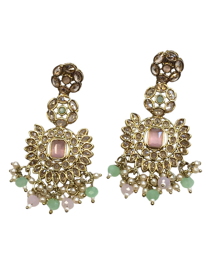 Pink and Sea Green - Large - Antique Gold Finish Traditional Earrings - Bollywood - Weddings - PRI1773 11Tp24