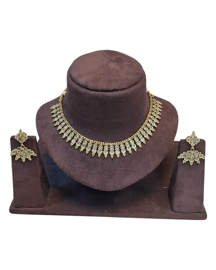 Pink & Green - Small Size Antique Gold Finish Necklace Set with Earrings - AE2501 A 0525