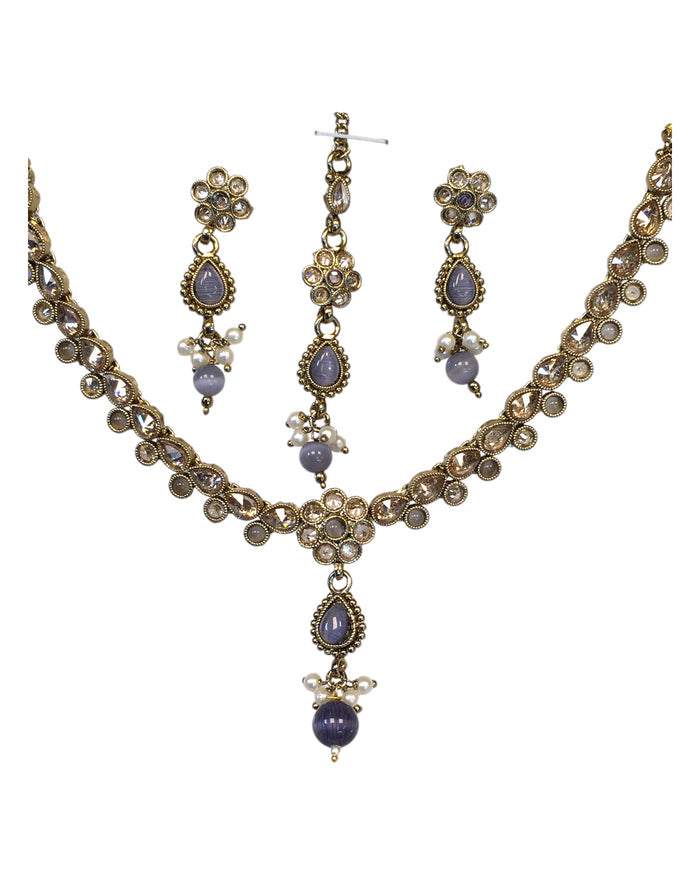 Purple - Small Size Antique Gold Finish Necklace Set with Earrings & Head Piece /Tika- SLV78 11Ap24
