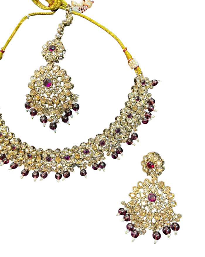 Purple / Plum - Large Size Antique Gold Finish Necklace Set with Earrings & Head Piece - JIG111 04Cp26