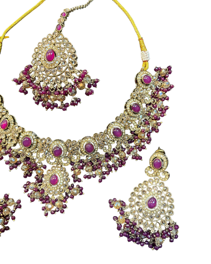 Purple / Wine - Large - Antique Gold Finish Necklace Set with Earrings & Head Piece - AE2512 08KV25