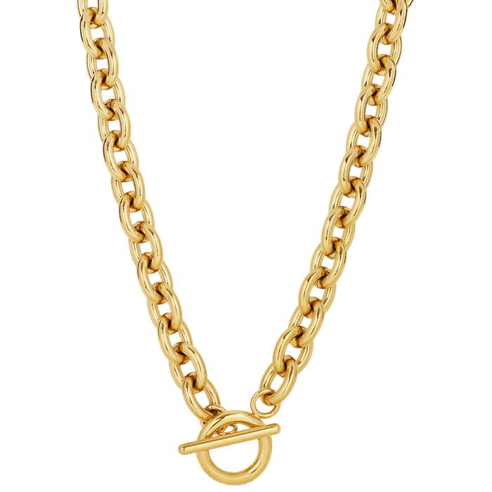 Gold chain necklace with a clasp on a white background