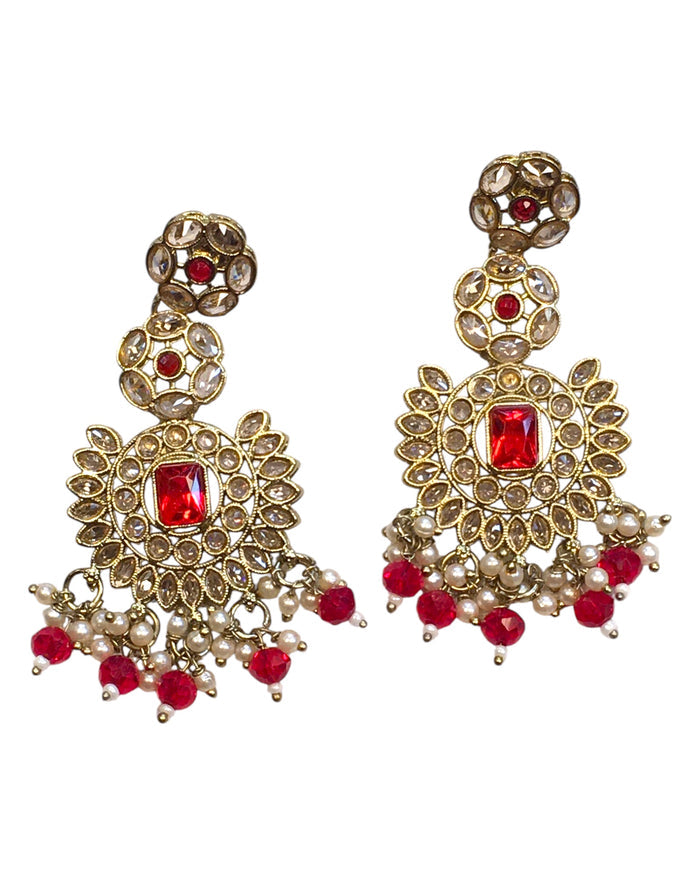 Red - Large - Antique Gold Finish Traditional Earrings - Bollywood - Weddings - PRI1773 11Tp24