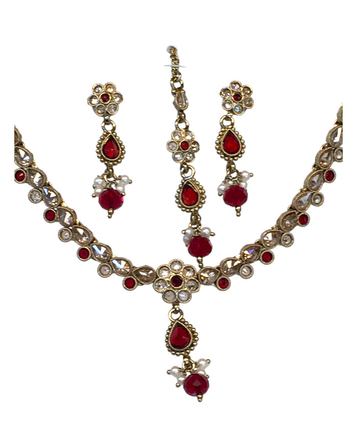 Red - Small Size Antique Gold Finish Necklace Set with Earrings & Head Piece /Tika- SLV78 11Ap24
