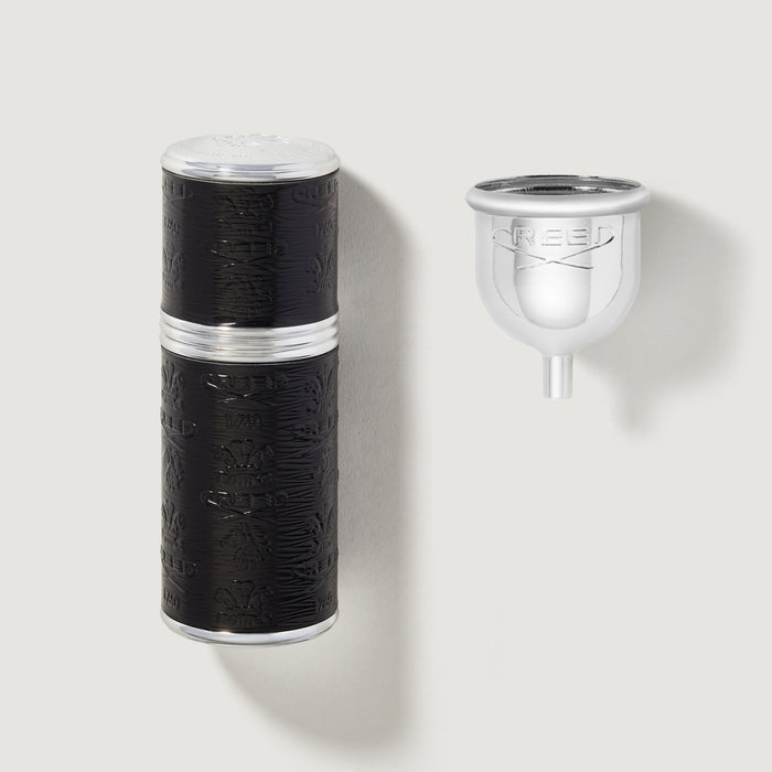 Creed 50ml black embossed atomizer with silver trim and refill funnel - Front View | Creed Boutique