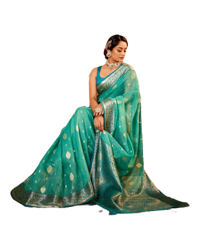 Sea Green - Handloom - Cotton Silky Banarasi Saree with Blouse Piece - RP84002 10KP25