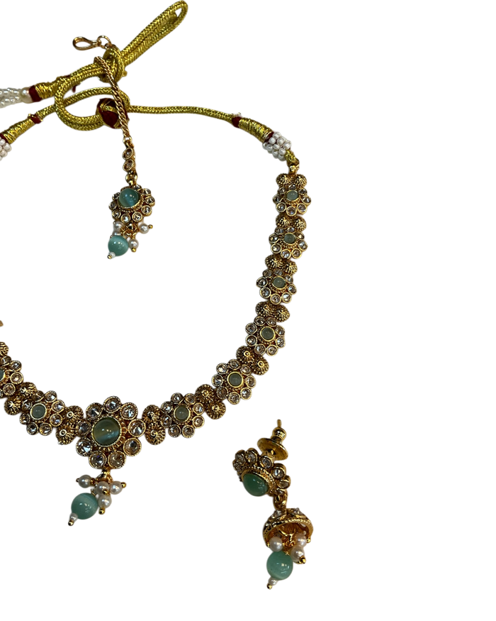 Sea Green - Medium Size Gold Finish Necklace Set with Earrings & Head Piece - SLV90 04Cp26
