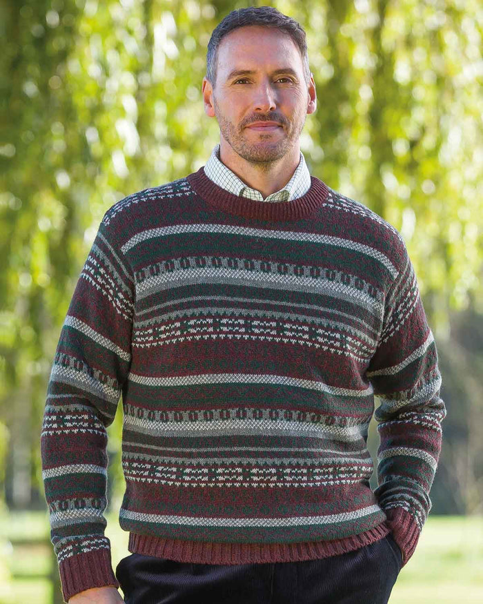 Shetland Wool Fairisle Crew Neck Jumper - Burgundy - Country Collection