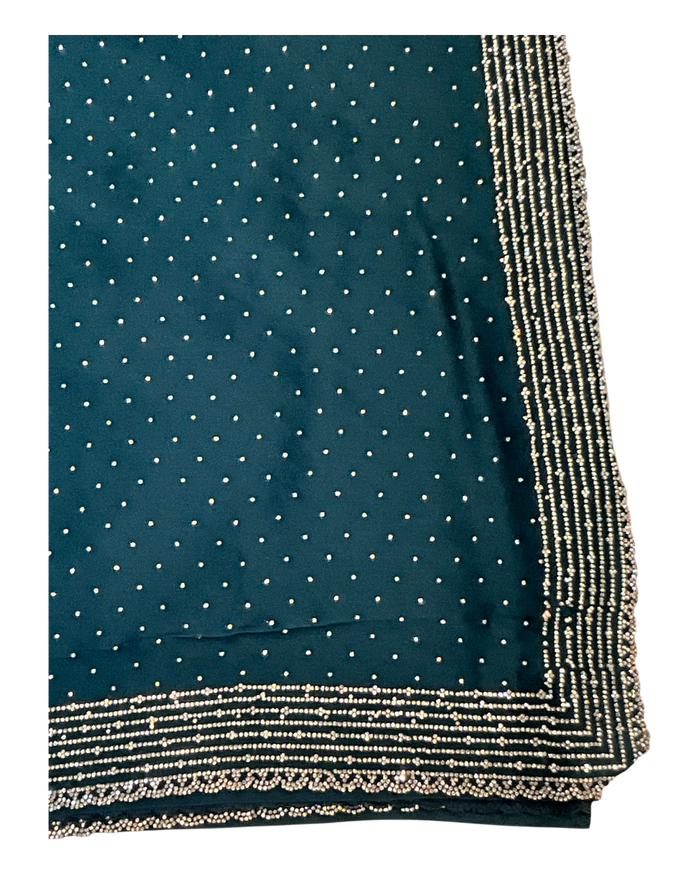 Teal - Classic Satin Crepe Saree with Stone Work and Blouse Piece - UK stock - 24hr Dispatch - RS2531 VY