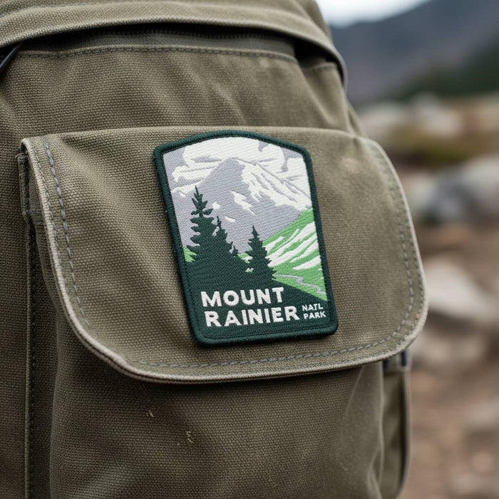 Forager Provisions LTD iron-on Mount Rainier National Park patch featuring a mountain and pine tree design on a bag