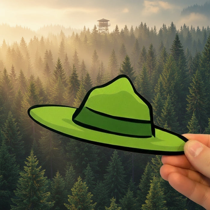 Forager Provisions LTD wooden forest warden hat sign held against a misty pine forest and fire lookout tower backdrop.