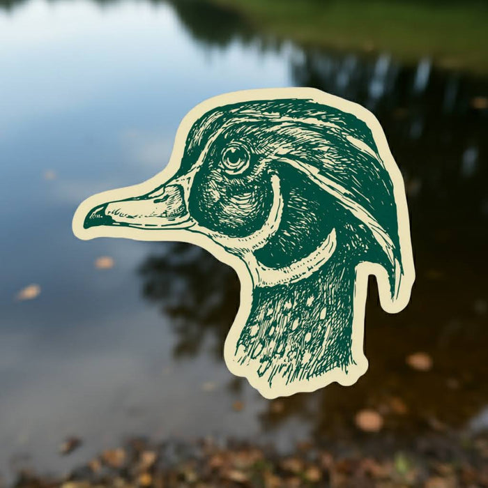 Forager Provisions LTD vinyl sticker featuring a detailed green hand-drawn duck head illustration on a blurred pond