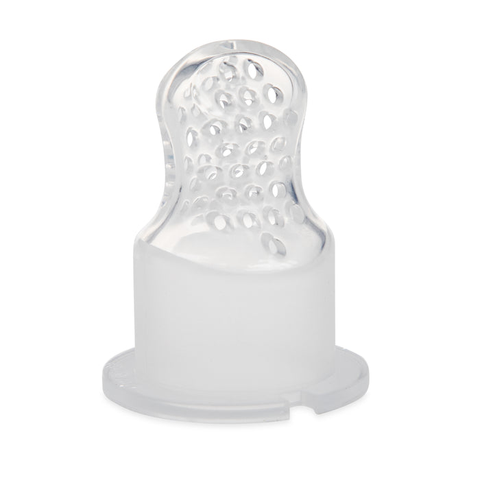 The Twist n' Feed First Soft Foods Feeder can be paired with a transparent silicone finger toothbrush, featuring small bristles and holes, to gently clean a baby's gums and teeth while soothing them during feeding and teething.