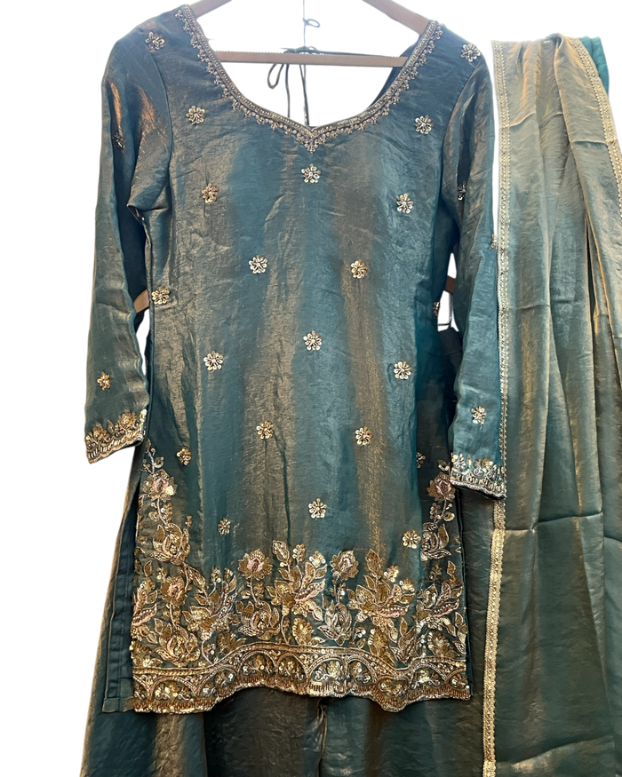 UK 10 / 36" - Sea Green - Silky Brocade Ladies Sharara / Palazzo Trousers Suit - Sangeet / Henna / Temple - JF1234 05TC26