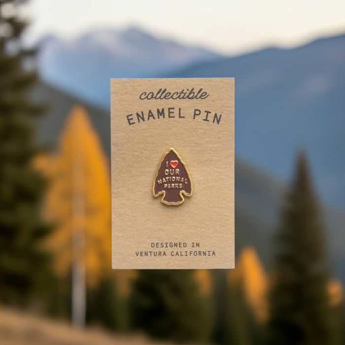 Forager Provisions LTD National Parks arrowhead enamel pin on a display card against a blurred mountain forest background.