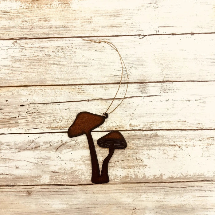 Universal Ironworks Double Tall Mushroom Hanging Decoration, farmhouse style, on rustic white wood. Unique home decor accent.