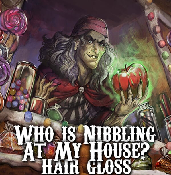 Magical character with a red apple and colorful bottles, holding text 'Who is nibbling at my house? Hair gloss'.