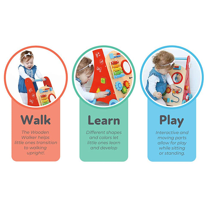 Three labeled sections show a toddler using the Wooden Baby Walker: Walk (pushing the walker), Learn (turning gears), and Play (using the bead maze), each highlighting unique benefits for your child’s development.