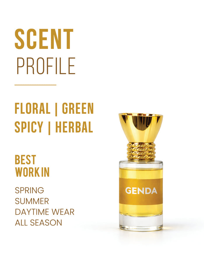 100% Organic Luxury Genda Attar perfume oil in a 6ml glass bottle.