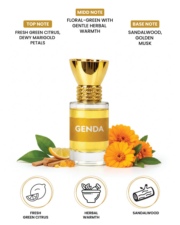 6ml bottle of 100% organic luxury Genda attar perfume
