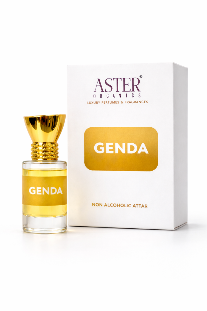 Aster Organics Genda perfume bottle and packaging on a white background