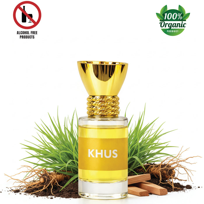 100% Organic Luxury Khus Attar perfume oil in a 6ml glass bottle.
