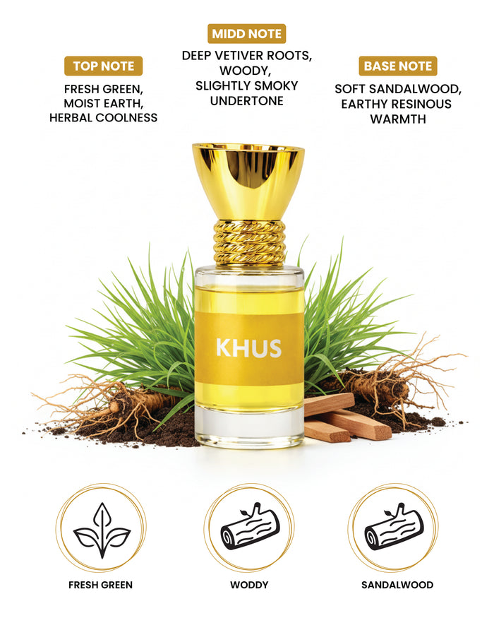 Glass bottle of 100% organic luxury khus attar perfume, 6ml