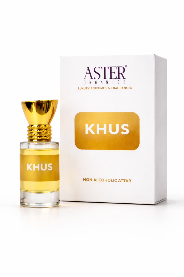 Aster Organics Khus perfume bottle and packaging on a white background