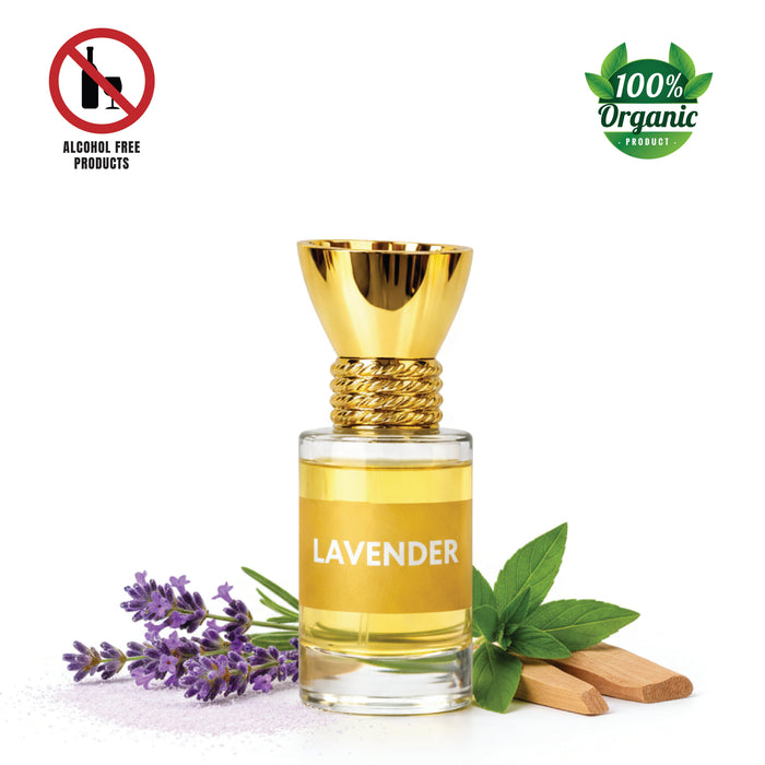 100% Organic Luxury Lavender Attar in a 6ml glass bottle with a dropper.