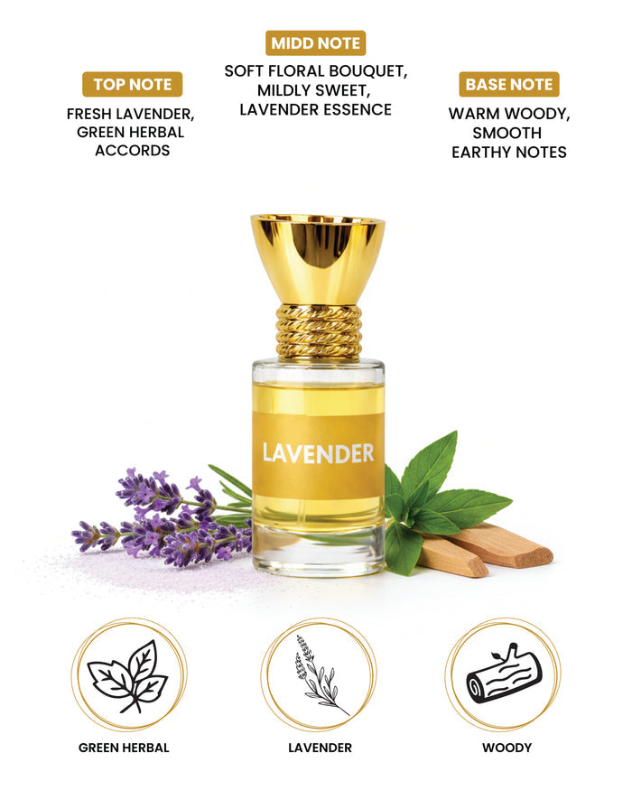 Glass bottle of 100% organic luxury lavender attar perfume oil, 6ml