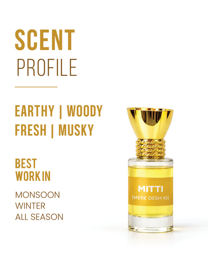 Glass bottle with amber attar, labeled "Mitti Attar 6ml".