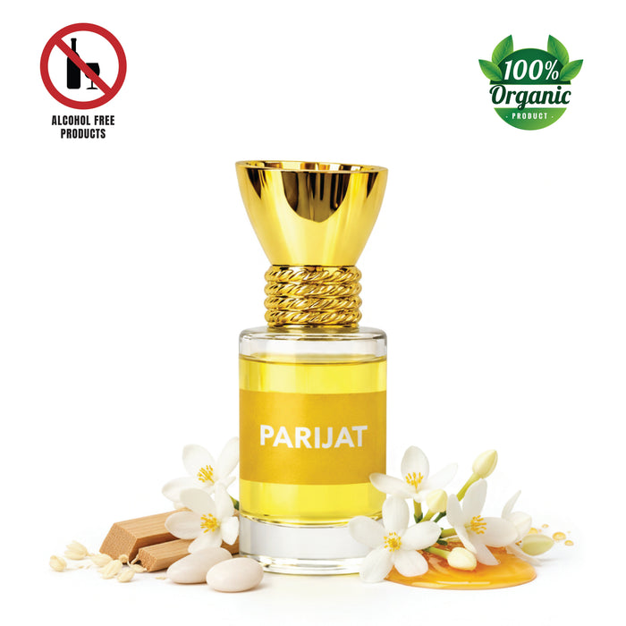 Glass bottle of 6ml 100% Organic Luxury Parijat Attar perfume oil.