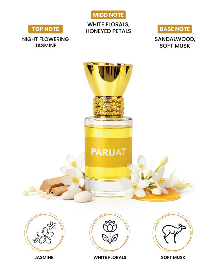 Glass bottle of 100% organic Parijat attar perfume, 6ml