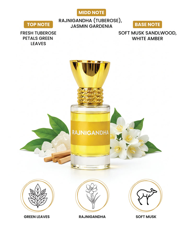 Luxurious 6ml bottle of 100% organic Rajnigandha attar perfume oil