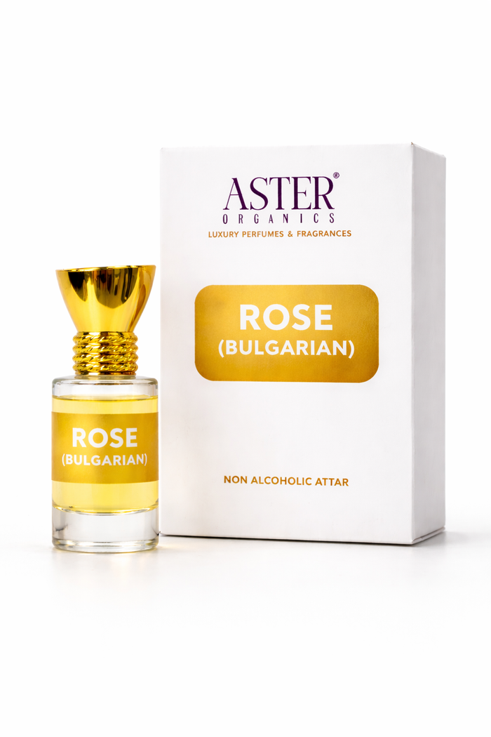 Aster Organics Rose Bulgarian perfume bottle and packaging on a white background
