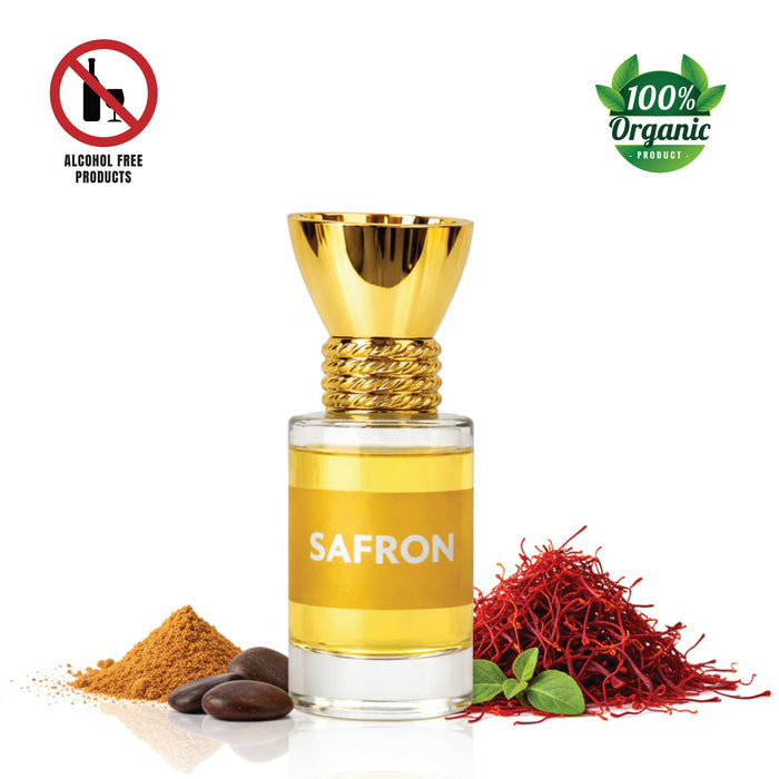 Luxury saffron attar perfume oil, 6ml bottle, deep red saffron threads visible.