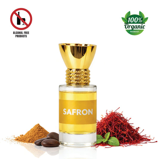 Luxury saffron attar perfume oil, 6ml bottle, deep red saffron threads visible.
