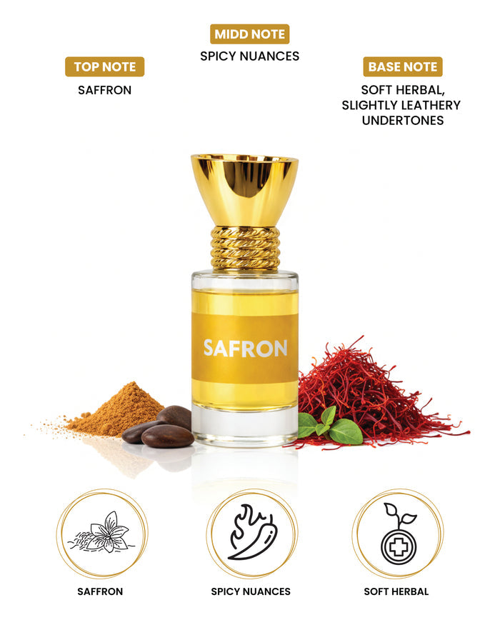 6ml bottle of 100% organic luxury saffron attar perfume oil.