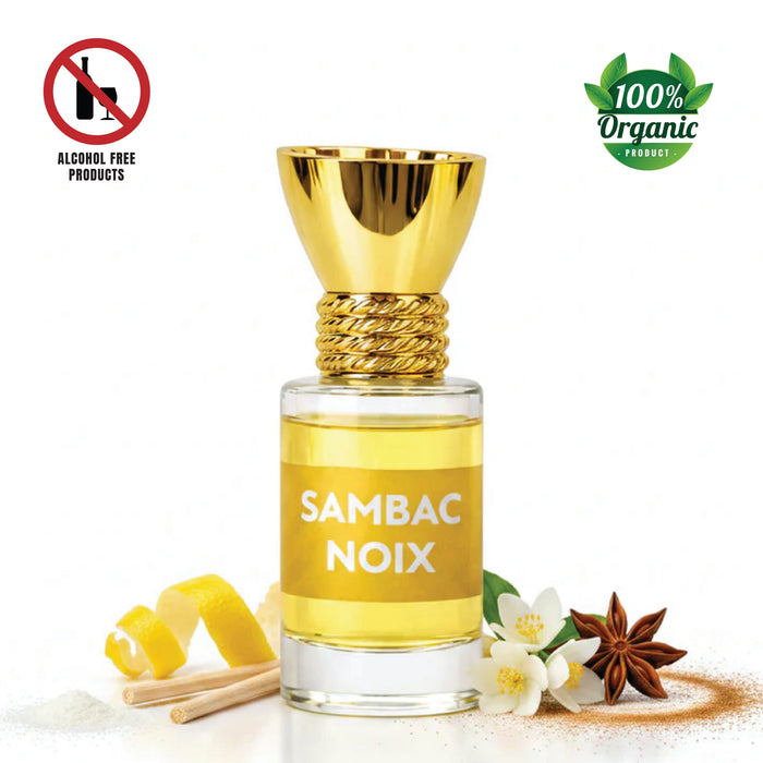 Glass bottle with amber attar oil, labeled Sambac Noix 100% Organic Luxury Attar 6ml