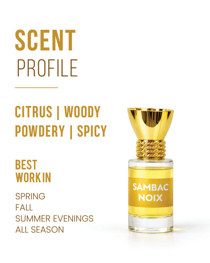 Glass bottle of 6ml 100% organic Sambac Noix attar perfume.