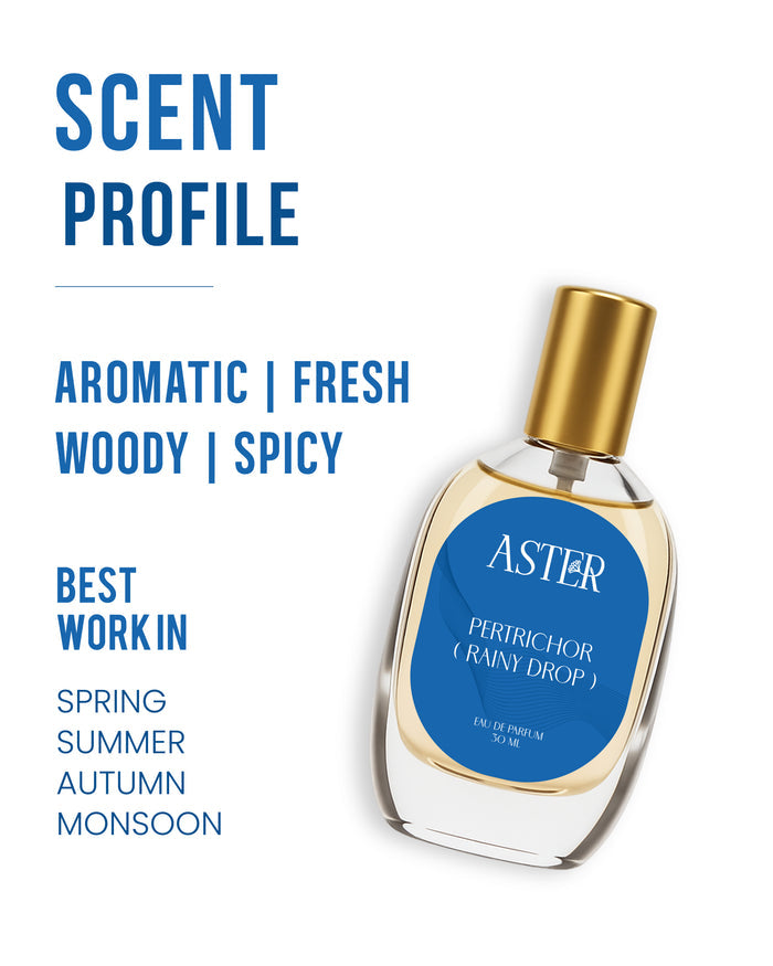 Men's 30ml organic petrichor fragrance bottle with a single water droplet.