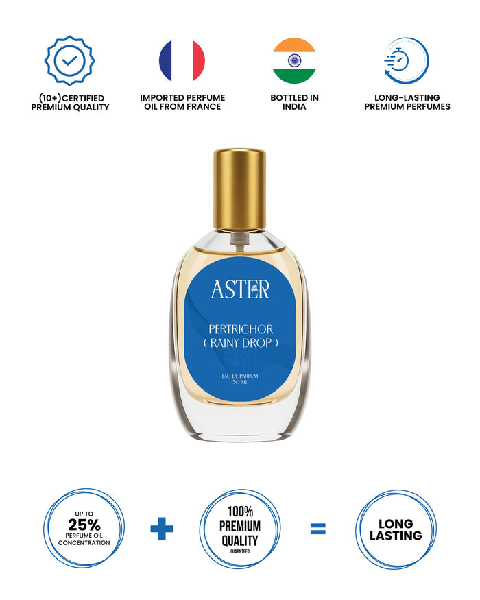 Men's 30ml organic petrichor fragrance bottle with a raindrop label