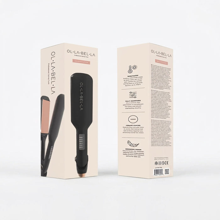 Two Olla Bella 2" Wide Plate Hair Straightener boxes shown on a clean white background, with one box displaying the front featuring a black and gold ceramic flat iron and the other showing the back with product details.